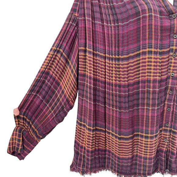 Free People Come On Over Maroon Wine Plaid Flannel Oversized Long Sleeve Shirt - Picture 8 of 14